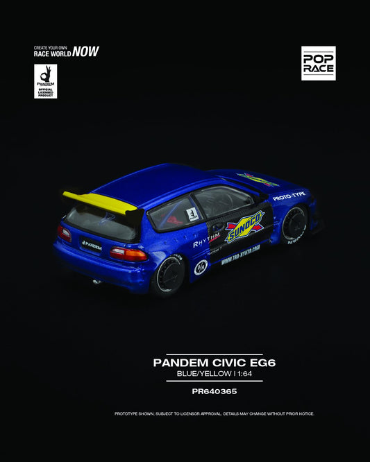 1:64 scale POP Race Pandem Honda Civic EG6 in blue and yellow livery with widebody kit. Back