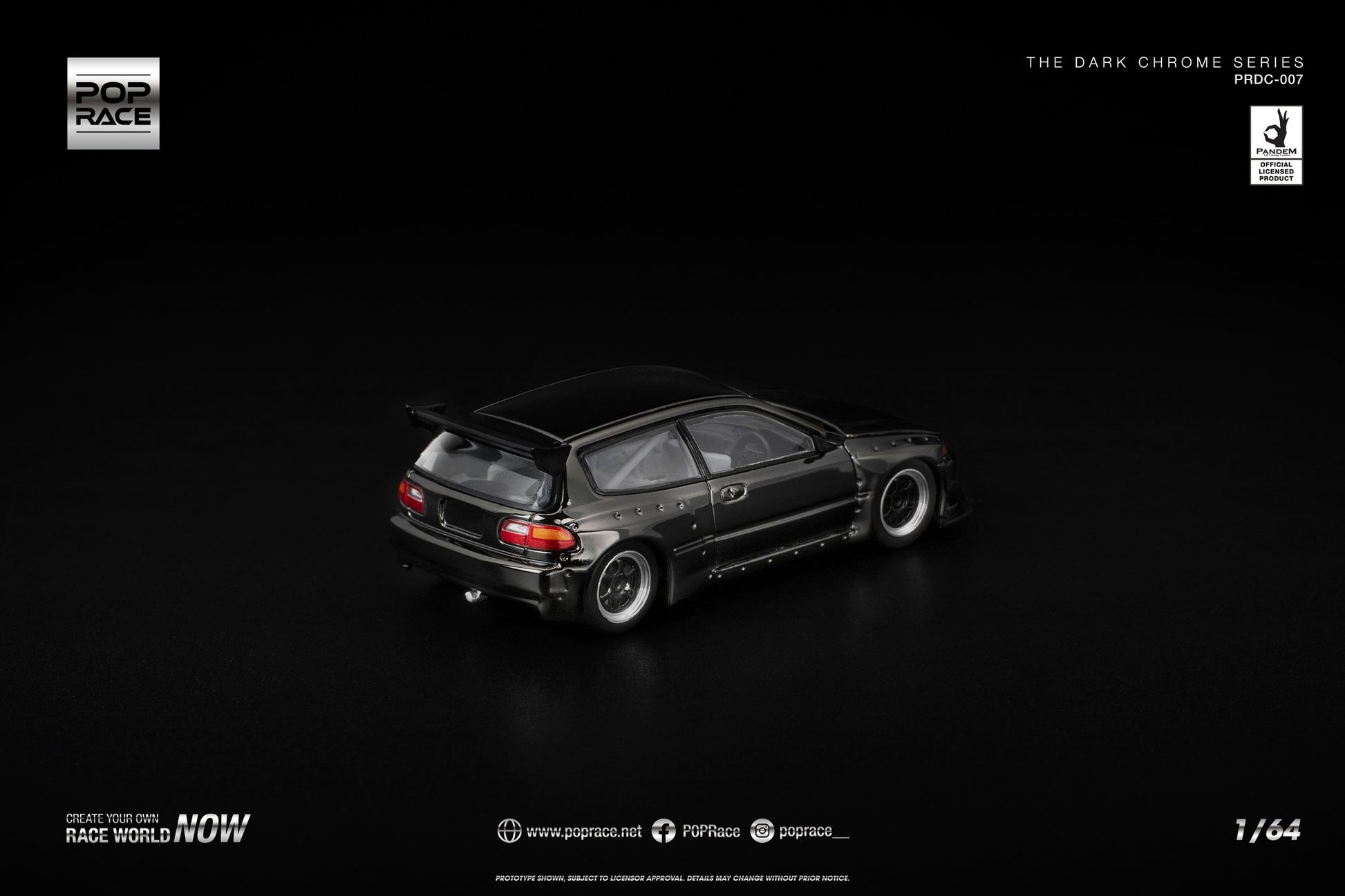 POP Race 1:64 Pandem Civic EG6 Dark Chrome Series – widebody JDM hatch in dark chrome metallic finish. Back