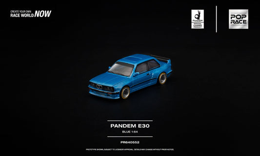 POP Race PANDEM BMW E30 in Laguna Seca Blue with forward-opening hood and detailed engine in 1:64 scale.