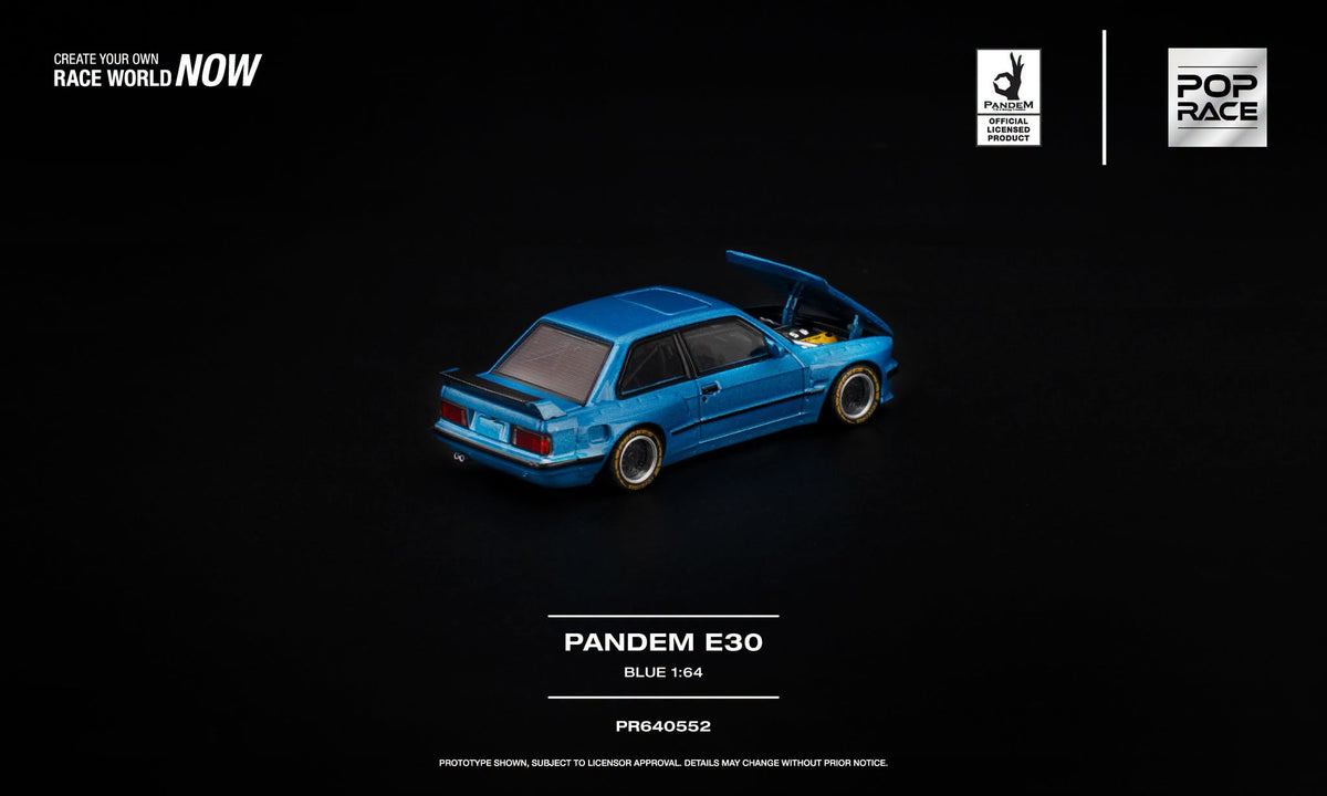 POP Race PANDEM BMW E30 in Laguna Seca Blue with forward-opening hood and detailed engine in 1:64 scale.