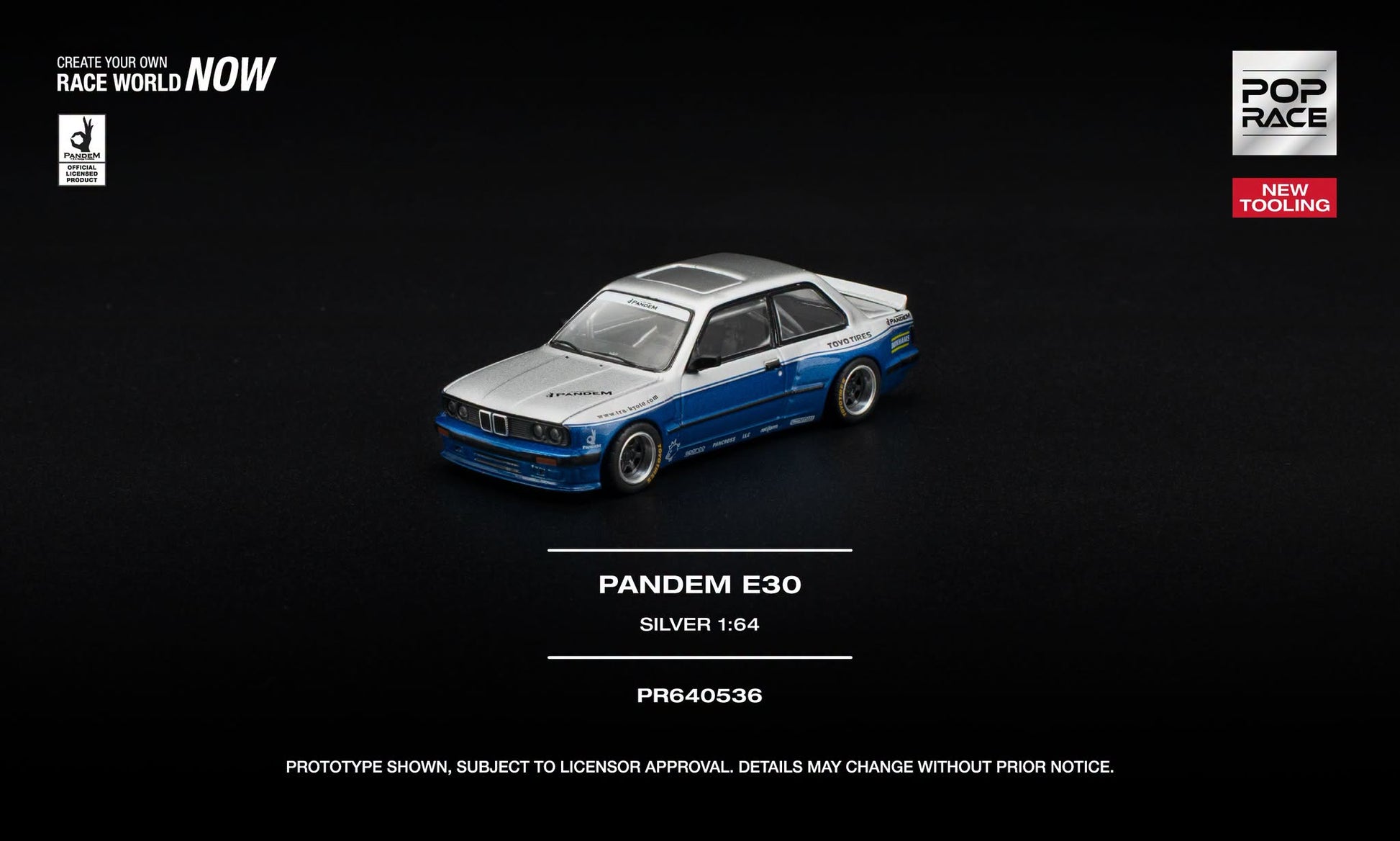 POP Race BMW E30 Coupe Pandem in silver and blue with opening hood and detailed engine. Front