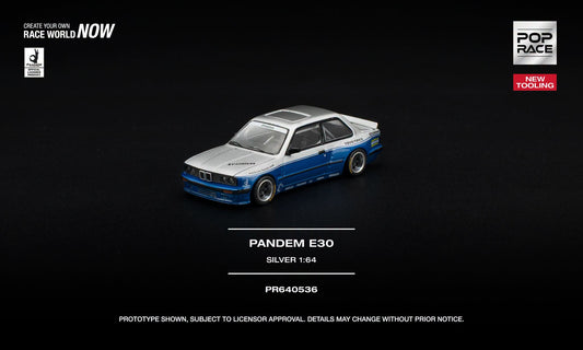 POP Race BMW E30 Coupe Pandem in silver and blue with opening hood and detailed engine. Front