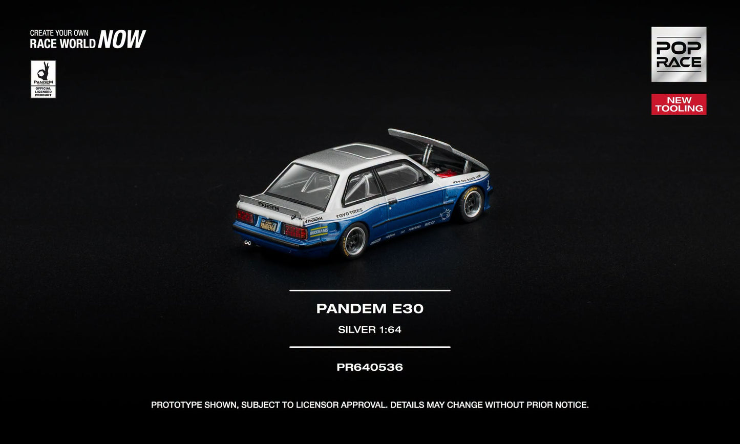 POP Race BMW E30 Coupe Pandem in silver and blue with opening hood and detailed engine. Back