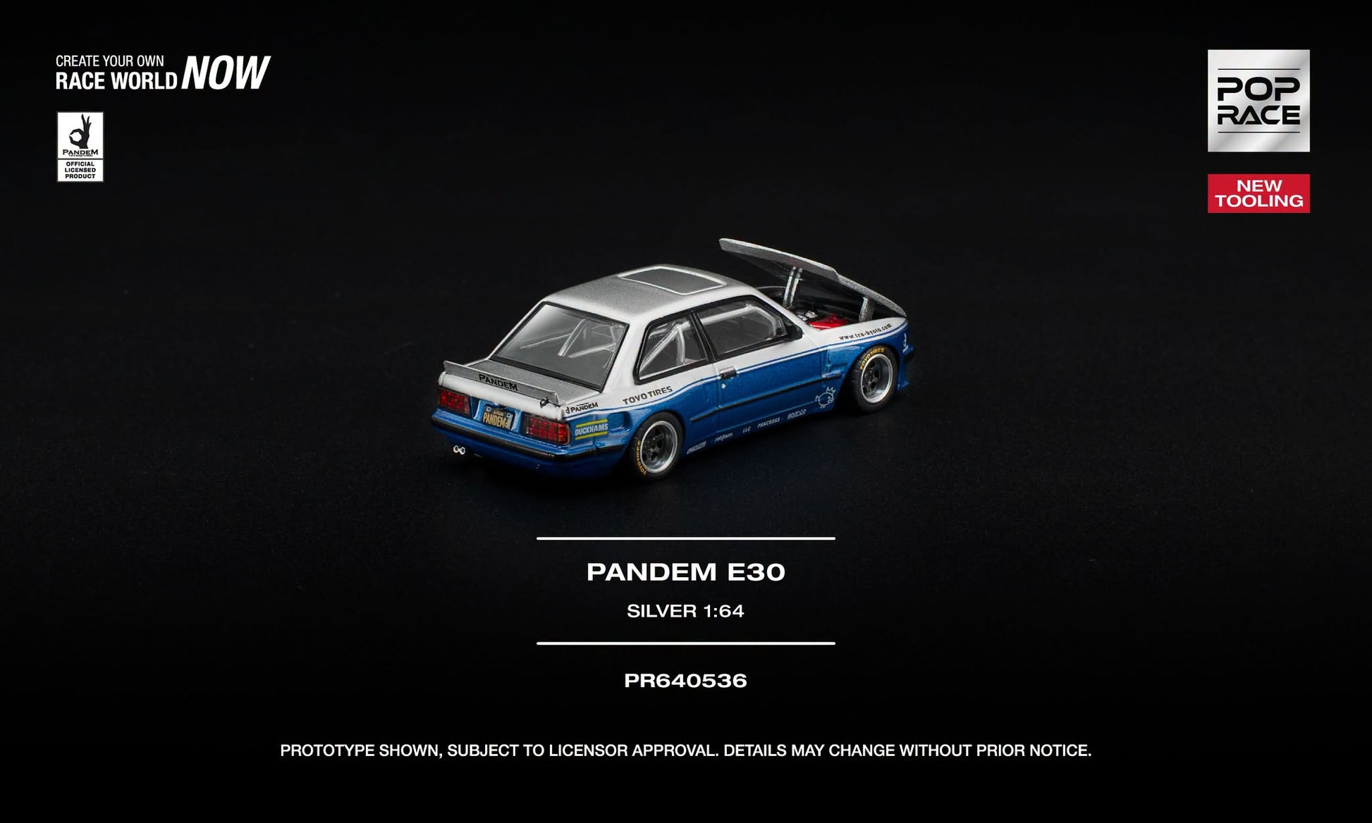 POP Race BMW E30 Coupe Pandem in silver and blue with opening hood and detailed engine. Back