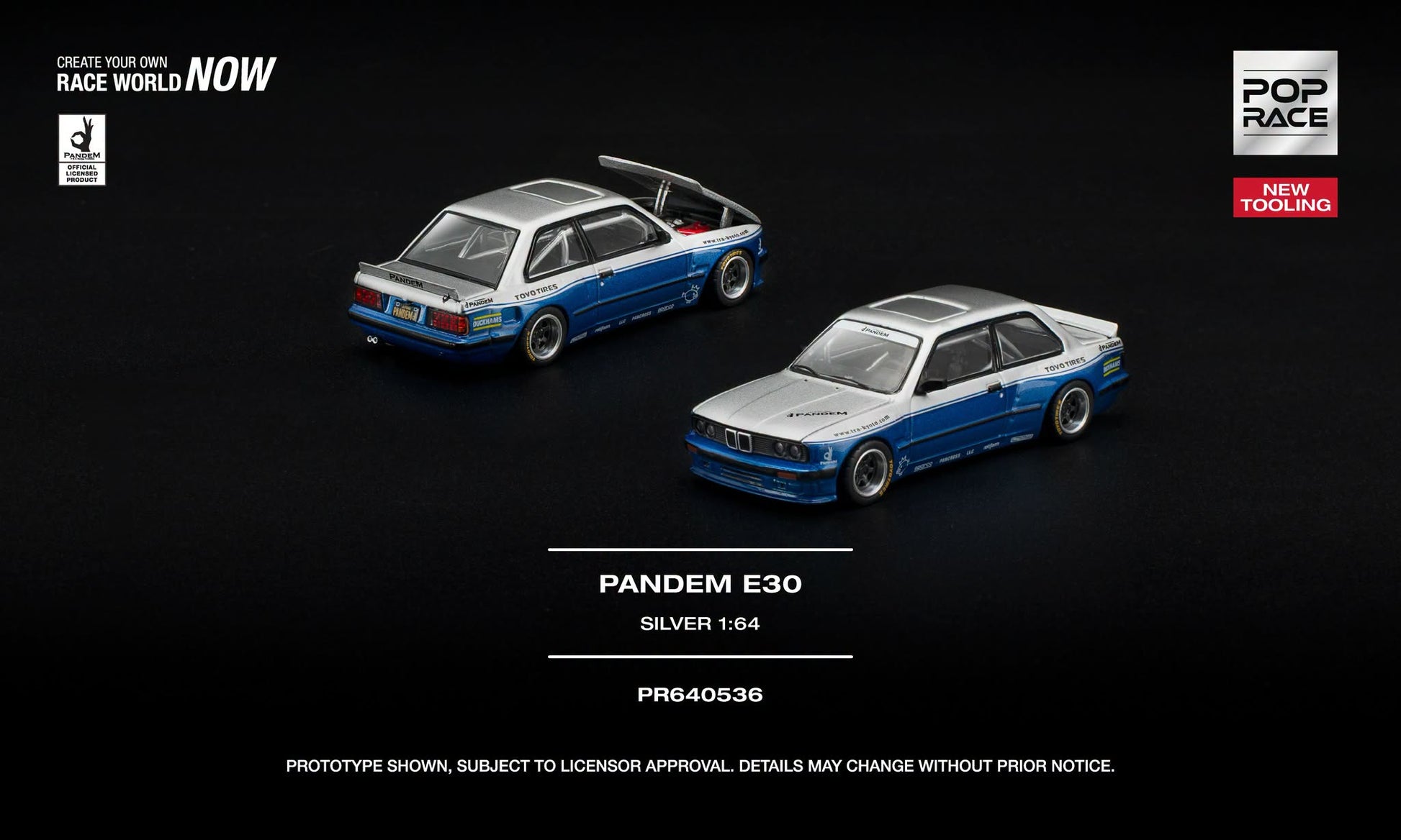 POP Race BMW E30 Coupe Pandem in silver and blue with opening hood and detailed engine.