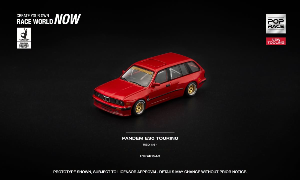 POP Race BMW E30 Touring Pandem in red with opening hood and detailed engine. Front