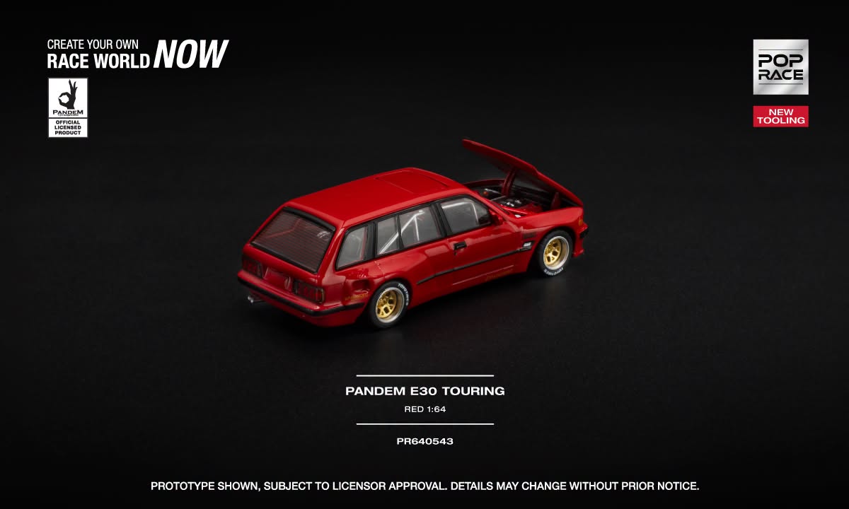 POP Race BMW E30 Touring Pandem in red with opening hood and detailed engine. Back