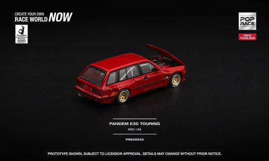 POP Race BMW E30 Touring Pandem in red with opening hood and detailed engine. Back