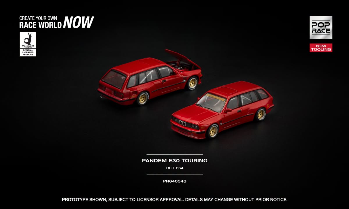 POP Race BMW E30 Touring Pandem in red with opening hood and detailed engine.