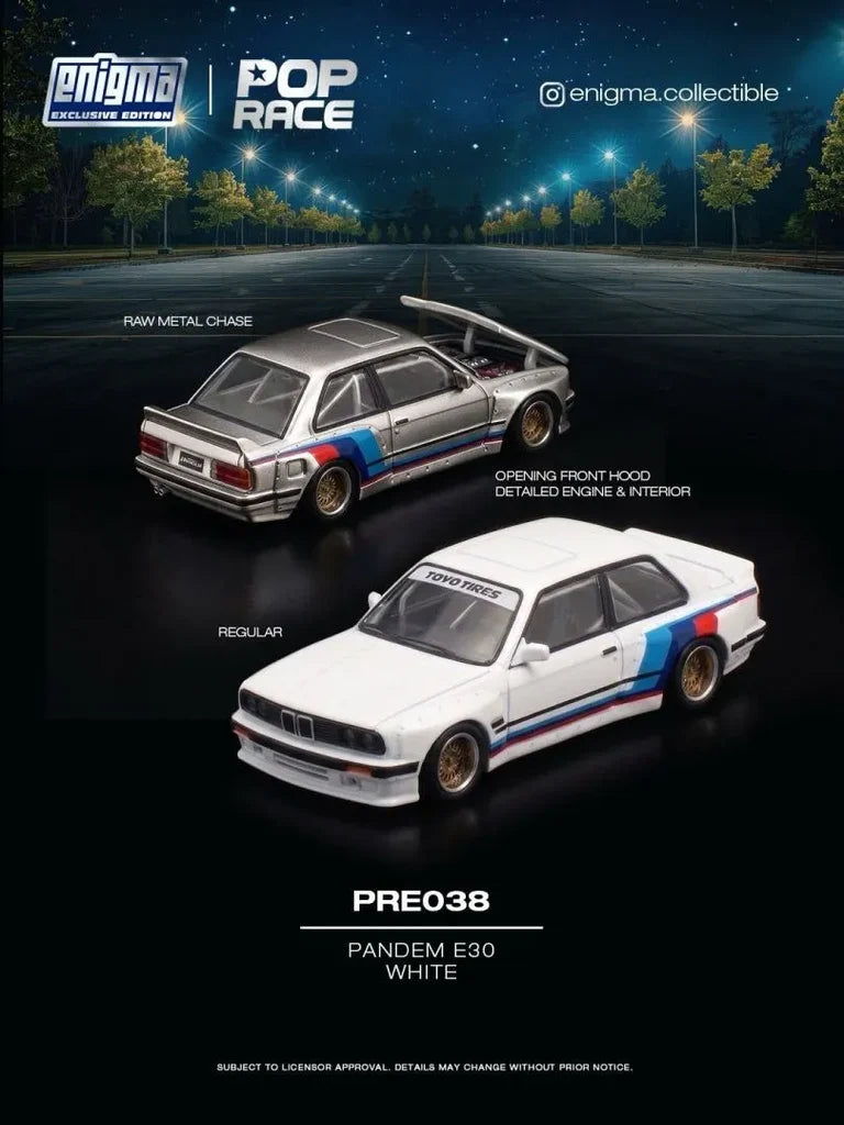 POP Race x Enigma Exclusive PANDEM BMW E30 White with opening hood and detailed engine in 1:64 scale.
