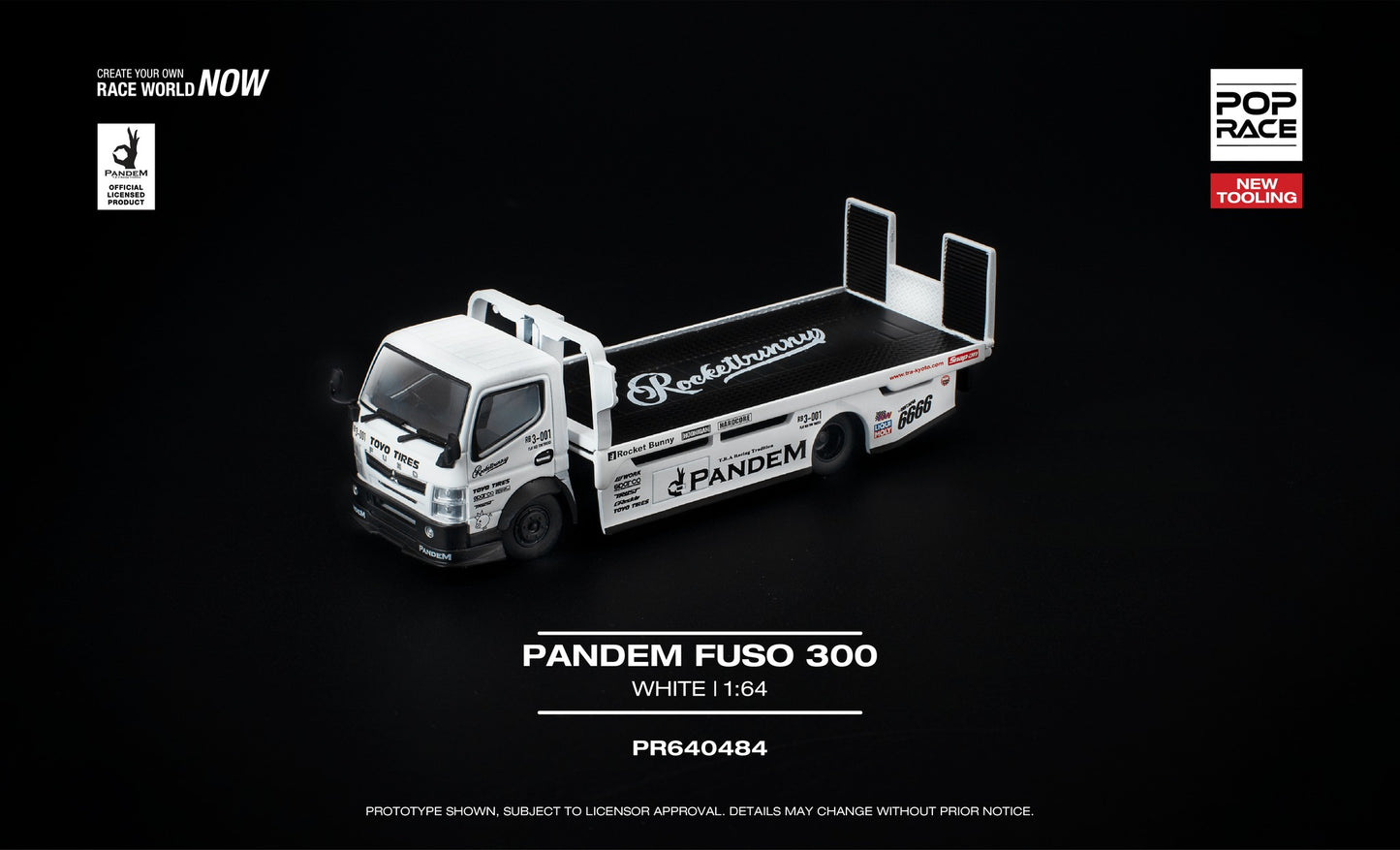 POP Race 1:64 Pandem Fuso 300 flatbed transporter white new tooling diecast truck with movable bed. Front