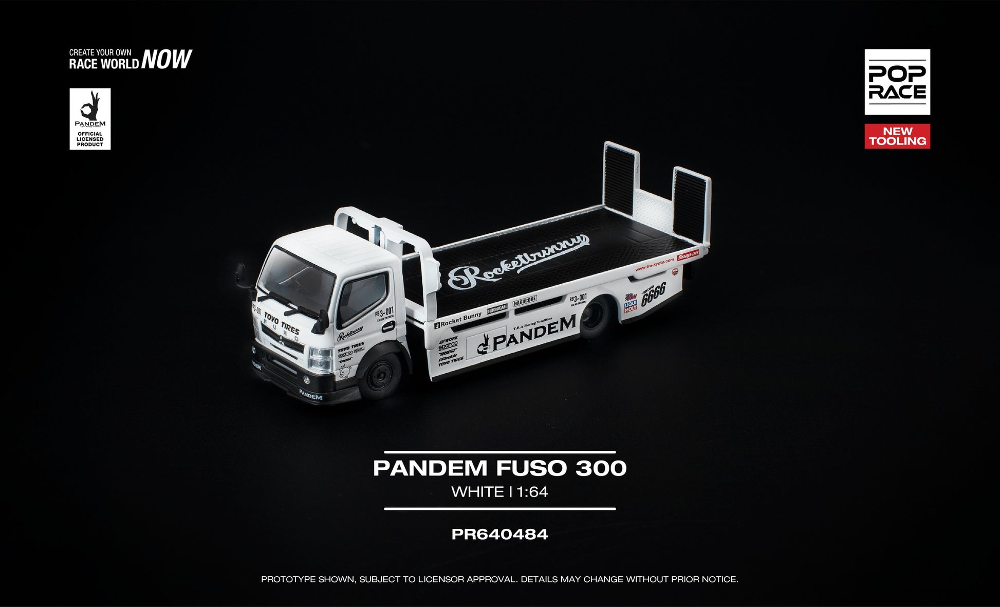 POP Race 1:64 Pandem Fuso 300 flatbed transporter white new tooling diecast truck with movable bed. Front