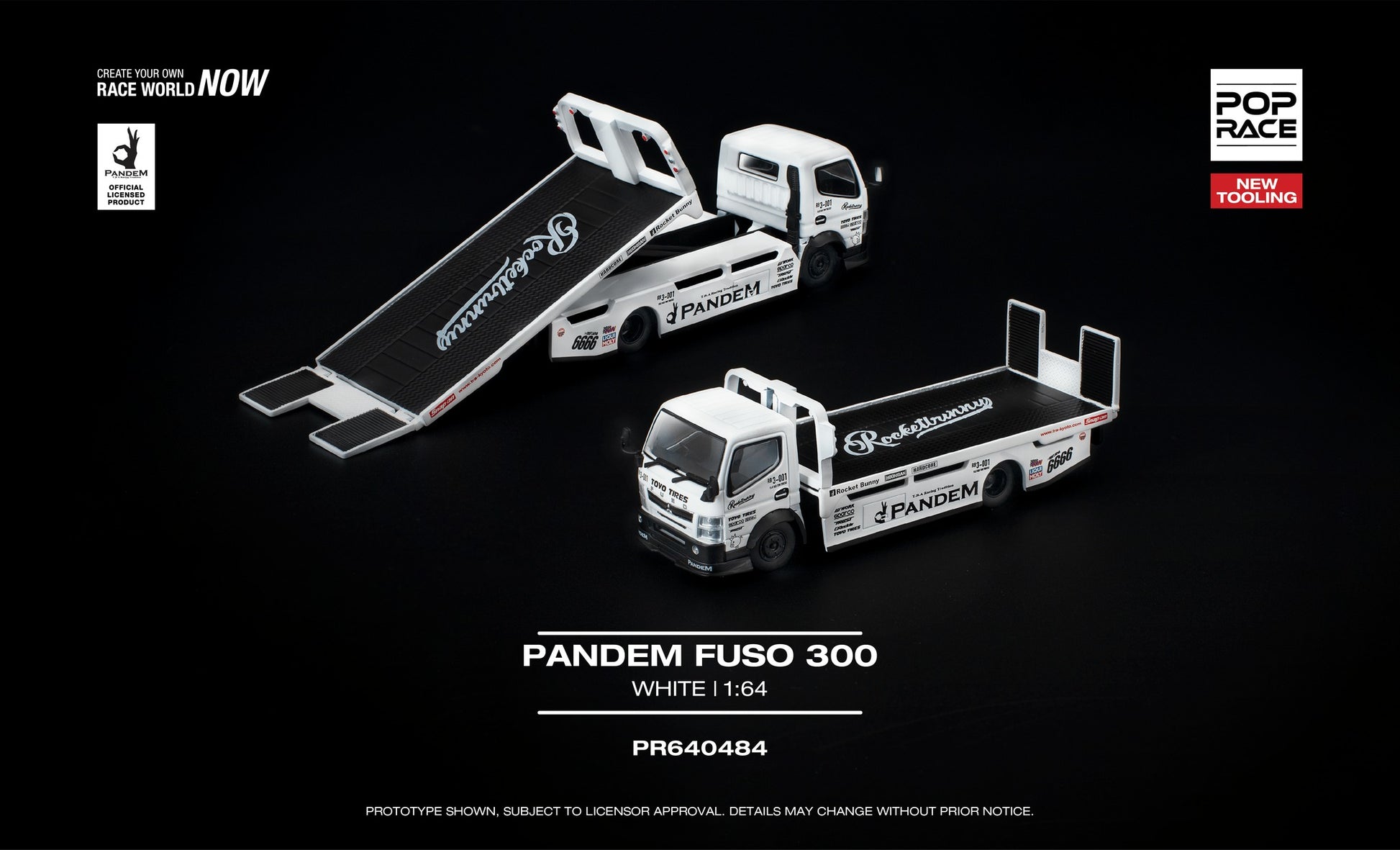 POP Race 1:64 Pandem Fuso 300 flatbed transporter white new tooling diecast truck with movable bed