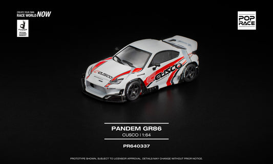 POP Race 1:64 Pandem GR86 Cusco diecast model car in widebody racing livery. Front