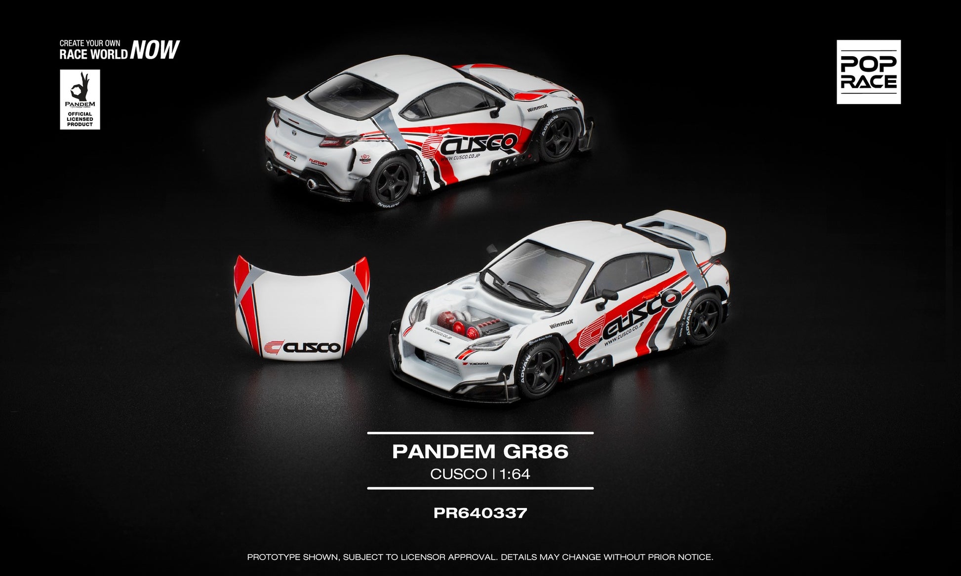 POP Race 1:64 Pandem GR86 Cusco diecast model car in widebody racing livery