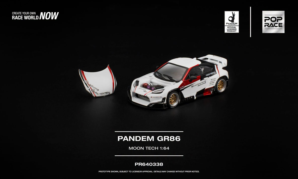 POP Race 1:64 PANDEM GR86 Moon Tech in white, red and black Rocket Bunny Racing livery with removable hood.