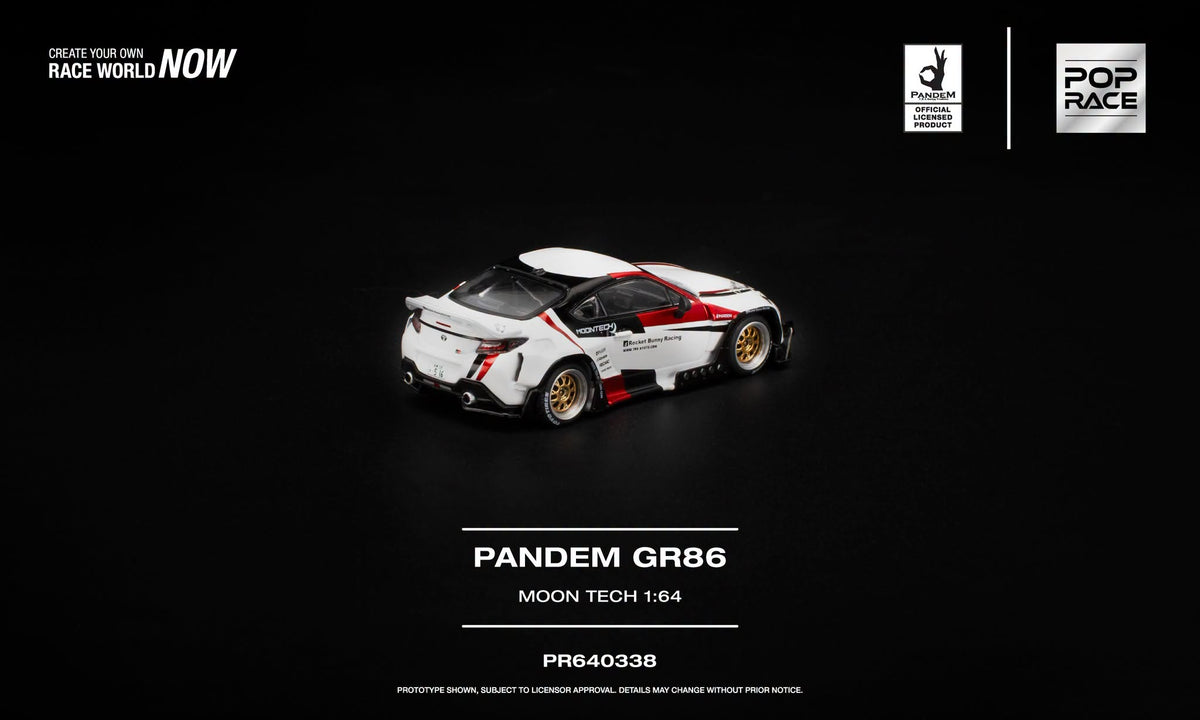 POP Race 1:64 PANDEM GR86 Moon Tech in white, red and black Rocket Bunny Racing livery with removable hood.