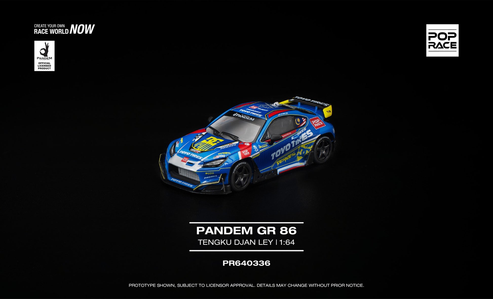 POP Race 1:64 Pandem Toyota GR86 Tengku Djan Ley drift car widebody diecast model. Front