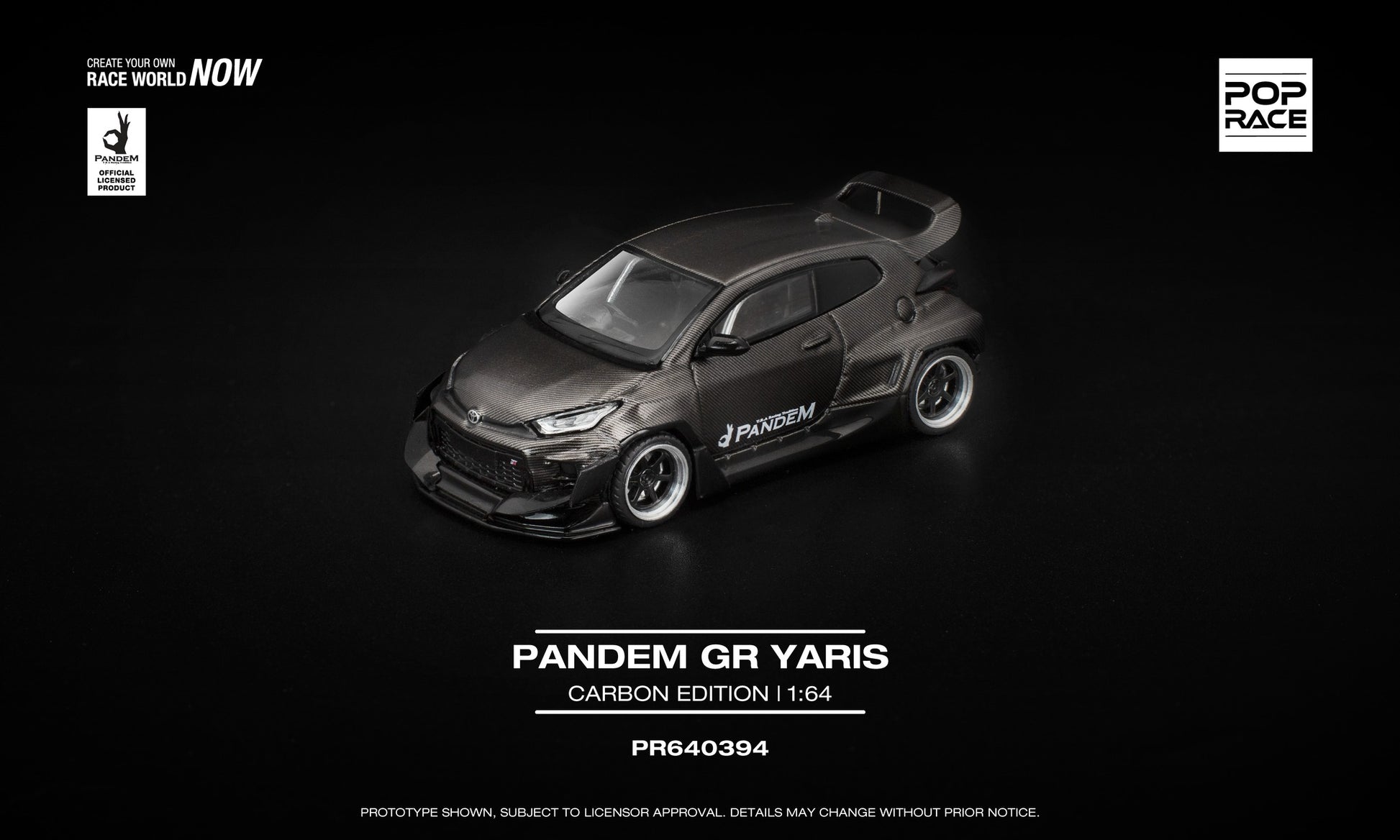 POP Race 1:64 Pandem GR Yaris Carbon Edition in full simulated carbon-fiber finish with wide-body Pandem kit and aggressive rally stance. Front