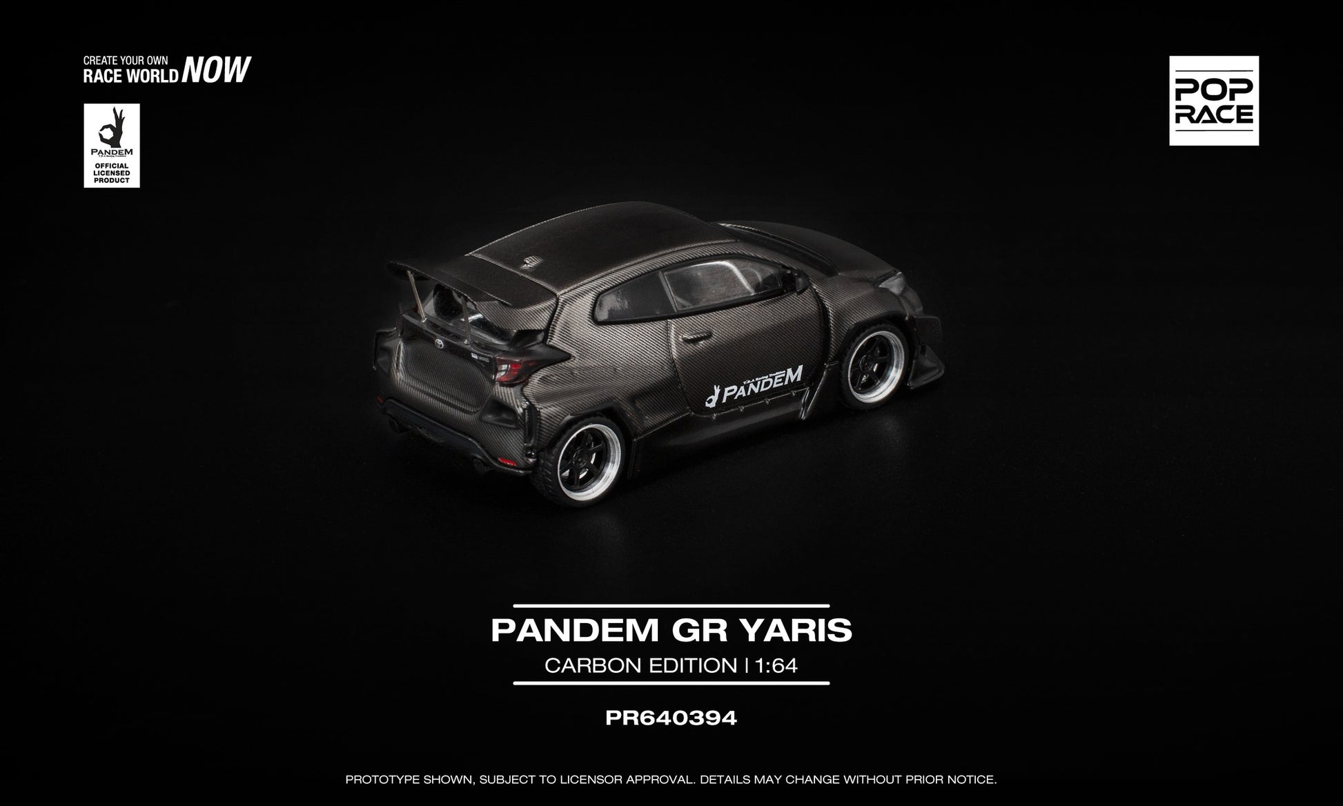 POP Race 1:64 Pandem GR Yaris Carbon Edition in full simulated carbon-fiber finish with wide-body Pandem kit and aggressive rally stance. Back