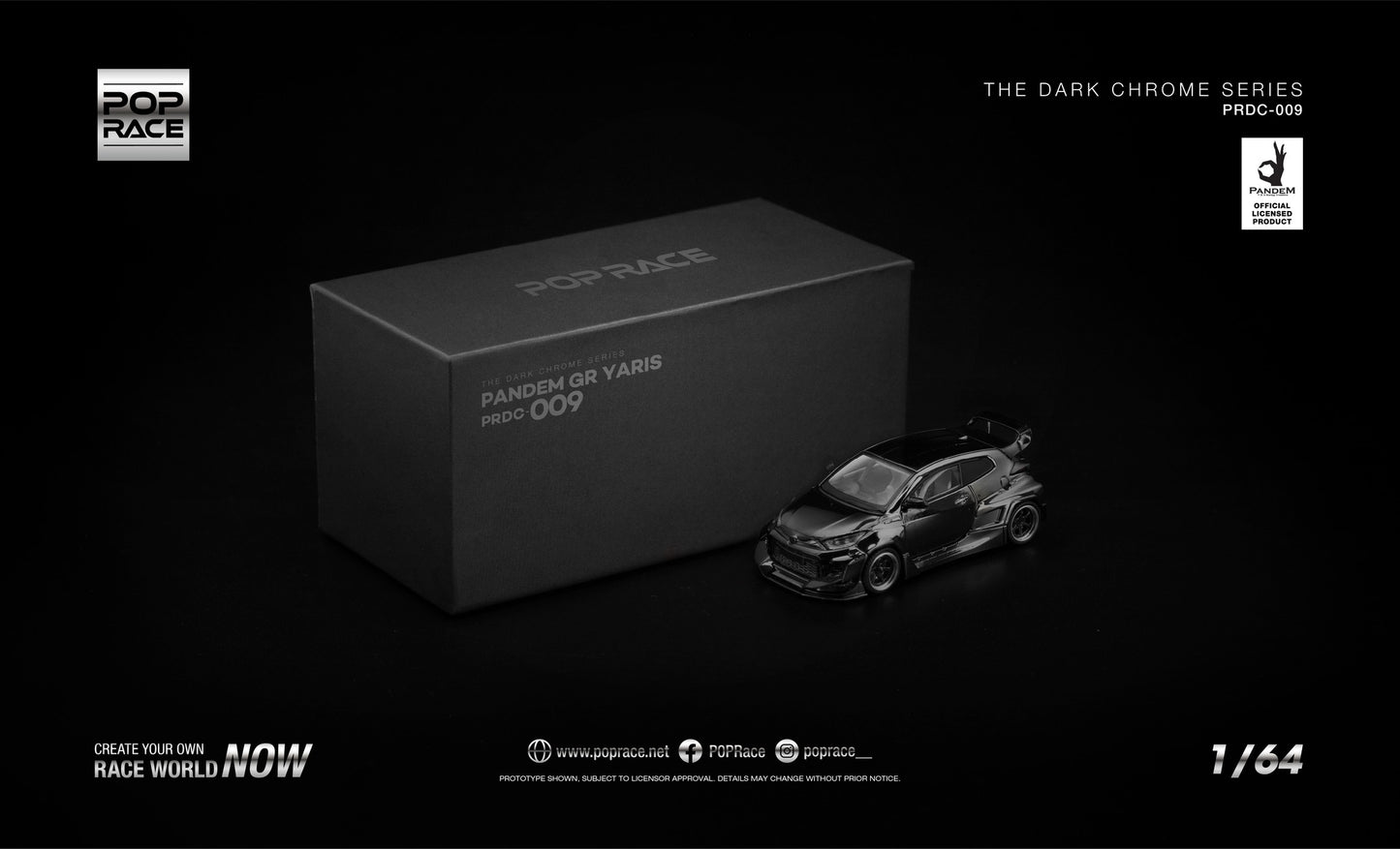 POP Race Pandem GR Yaris dark chrome 1:64 diecast model. Front