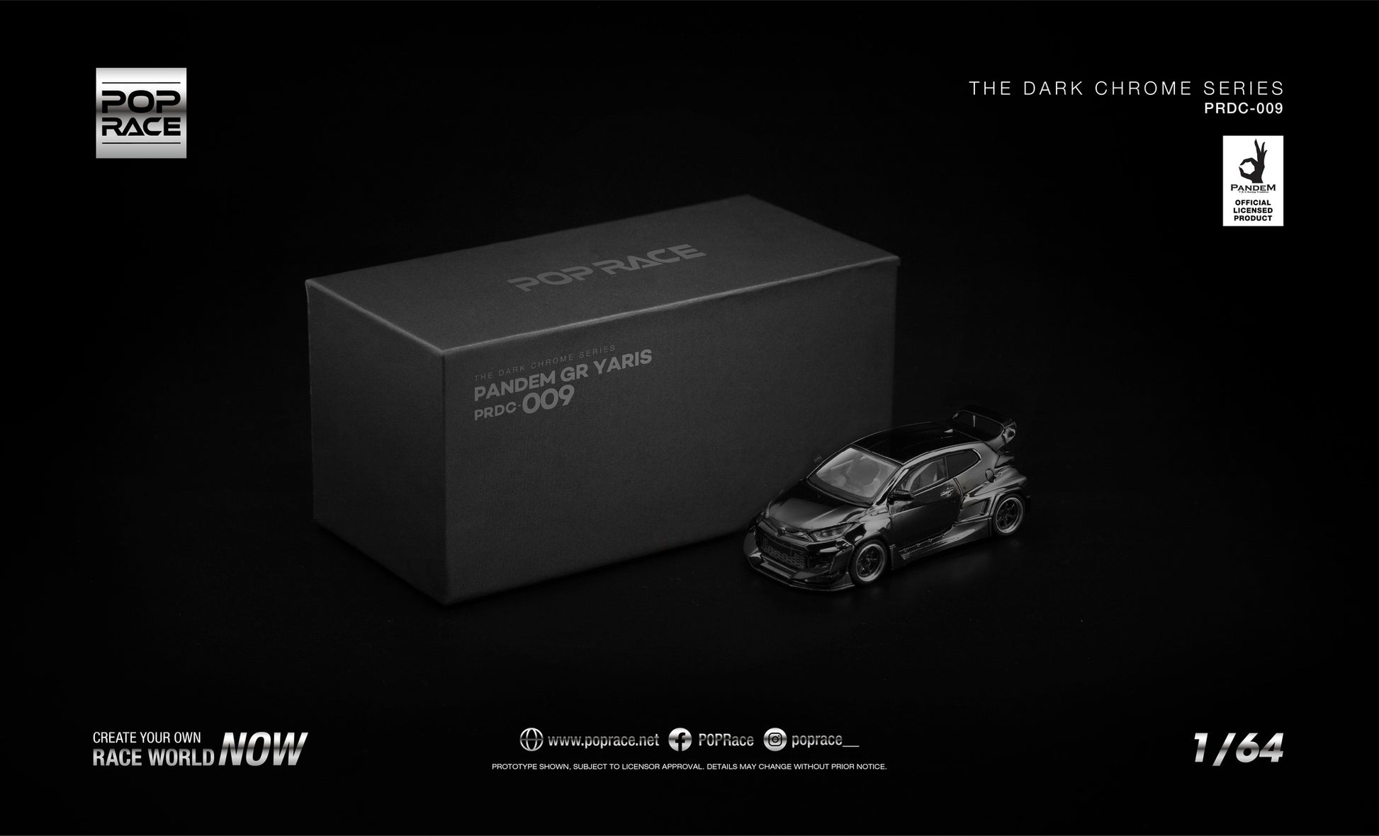 POP Race Pandem GR Yaris dark chrome 1:64 diecast model. Front