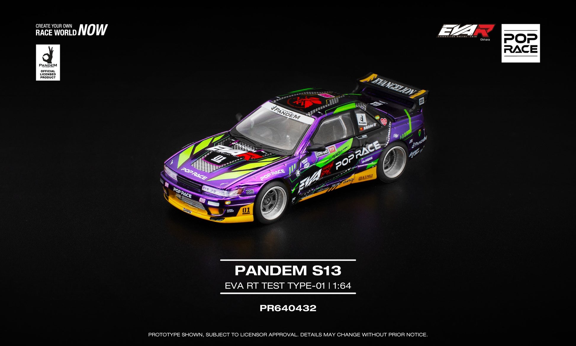 POP Race 1:64 Pandem S13 Eva RT Test Type-01 in reflective chrome, showcasing front-opening hood with detailed engine and wide-body Pandem kit. Front