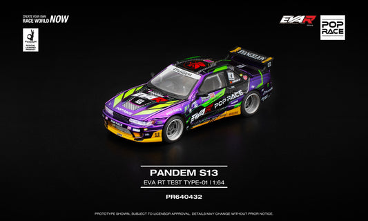 POP Race 1:64 Pandem S13 Eva RT Test Type-01 in reflective chrome, showcasing front-opening hood with detailed engine and wide-body Pandem kit. Front