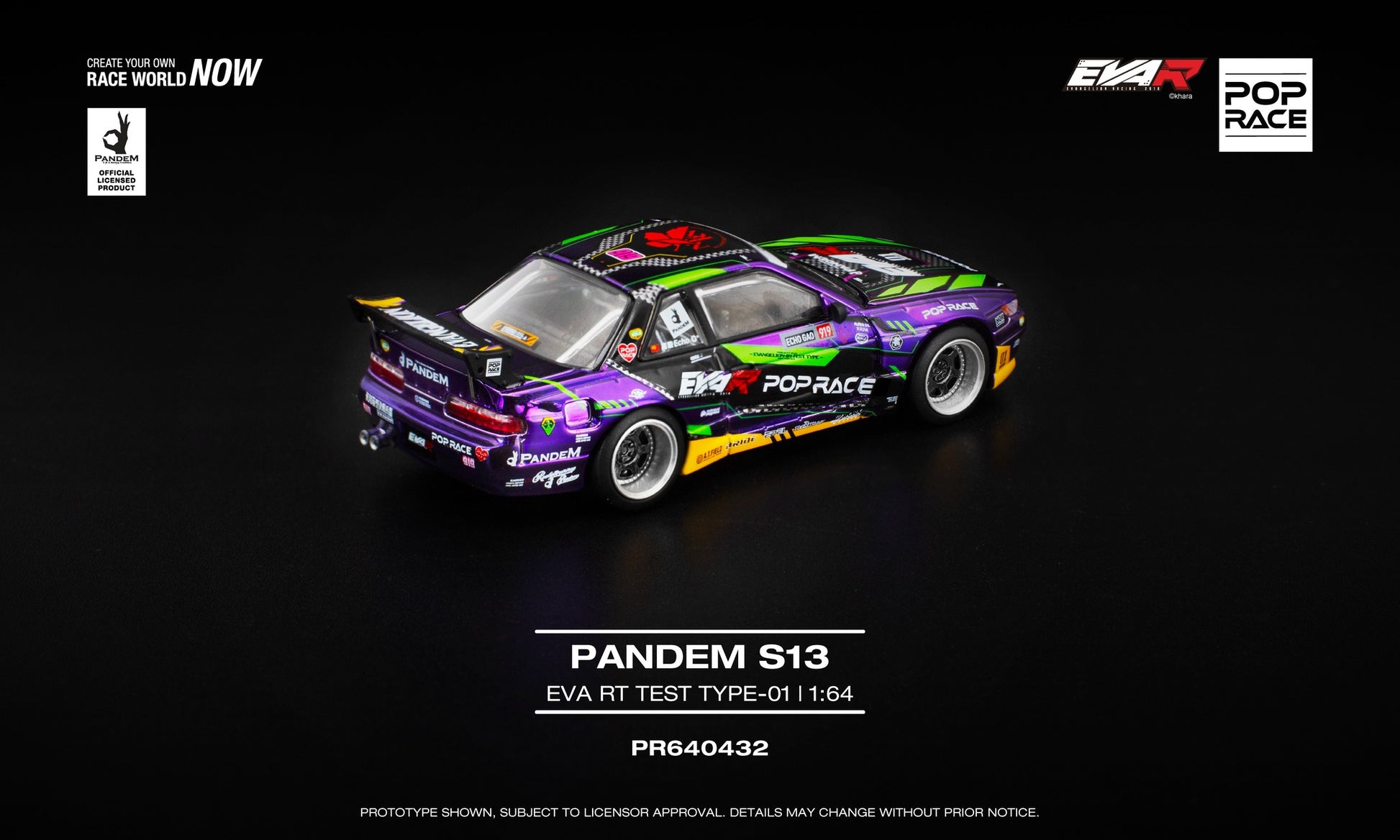 POP Race 1:64 Pandem S13 Eva RT Test Type-01 in reflective chrome, showcasing front-opening hood with detailed engine and wide-body Pandem kit. Back
