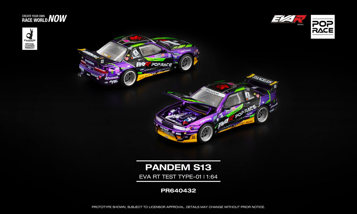 POP Race 1:64 Pandem S13 Eva RT Test Type-01 in reflective chrome, showcasing front-opening hood with detailed engine and wide-body Pandem kit.