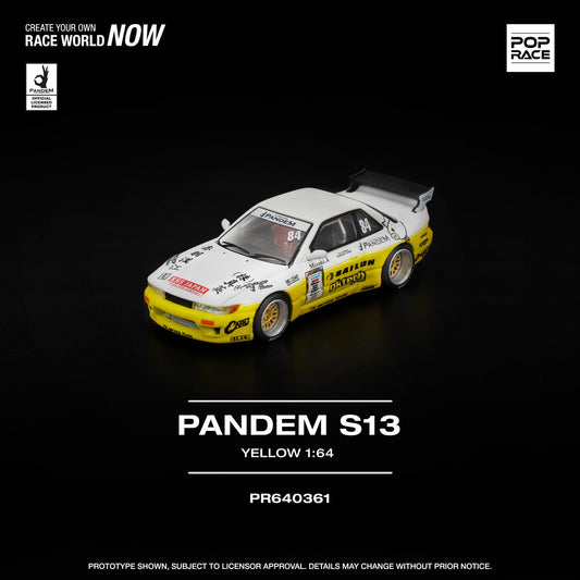 1:64 POP Race Pandem S13 in bright yellow with wide-body kit, stanced wheels, and display case. Front