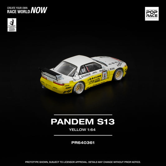 1:64 POP Race Pandem S13 in bright yellow with wide-body kit, stanced wheels, and display case. Back