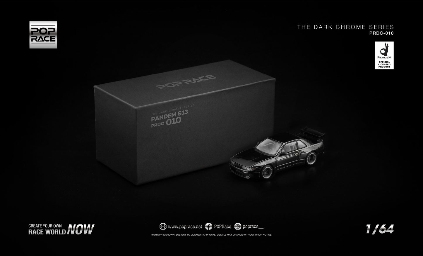 POP Race Pandem S13 dark chrome opening hood engine detail 1:64. Front