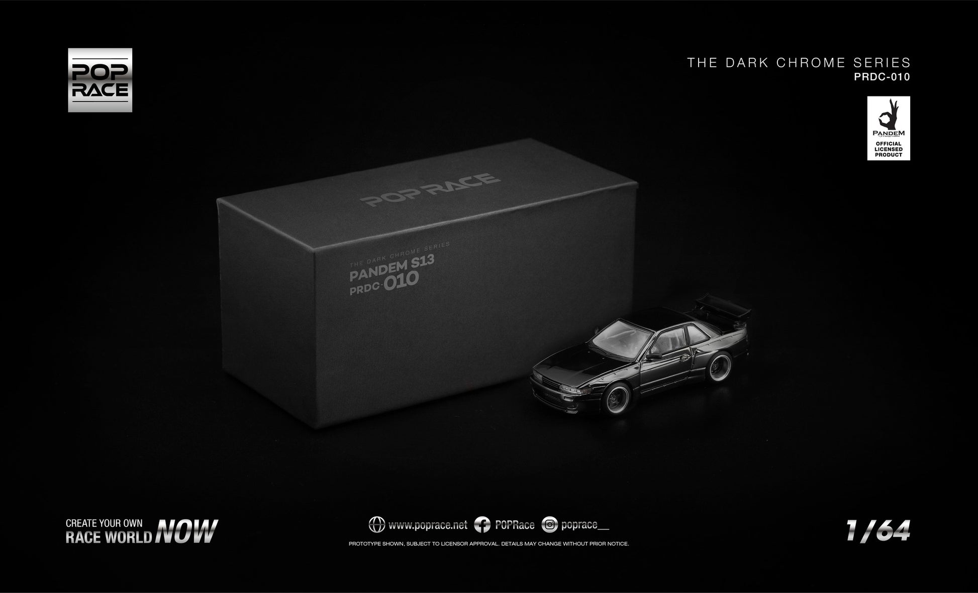 POP Race Pandem S13 dark chrome opening hood engine detail 1:64. Front
