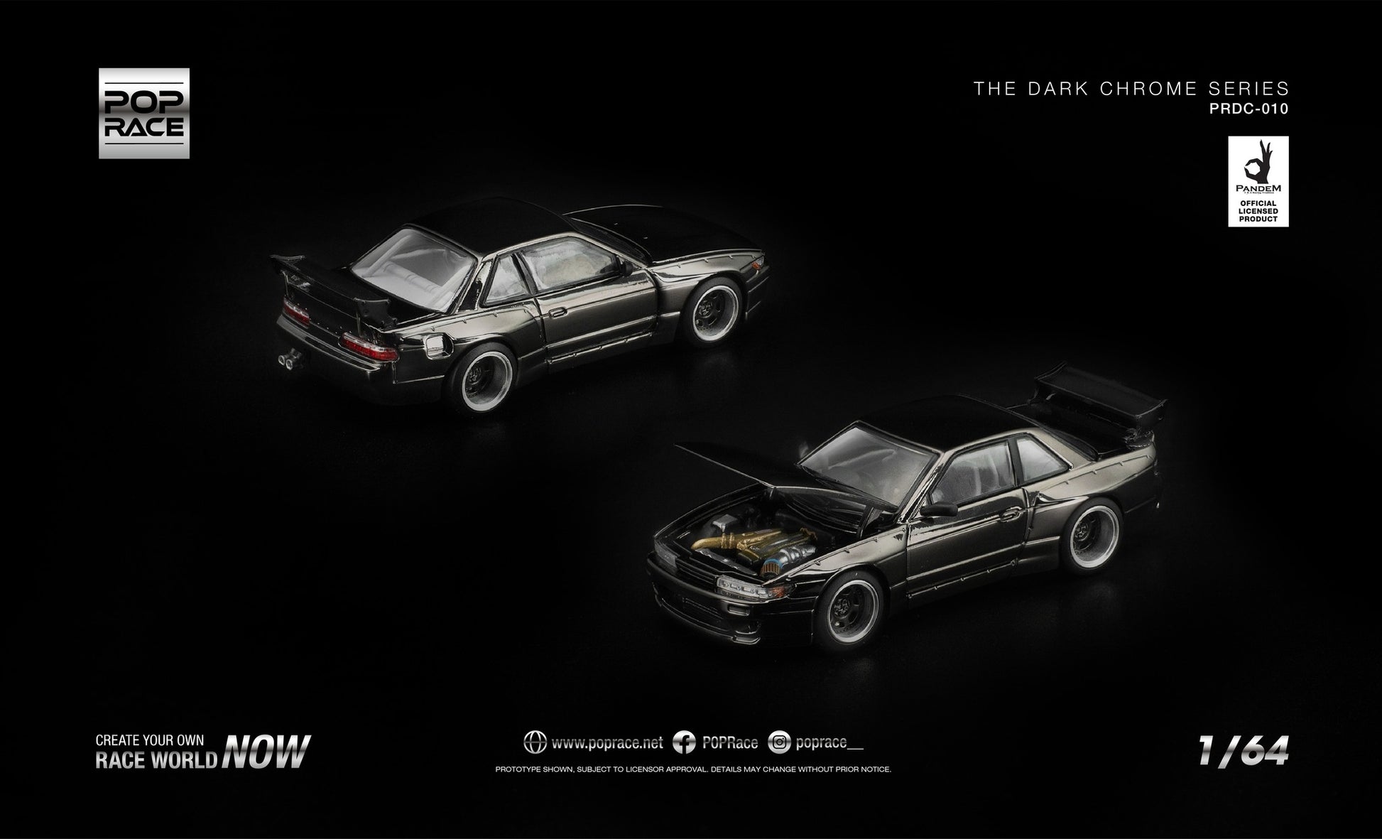 POP Race Pandem S13 dark chrome opening hood engine detail 1:64