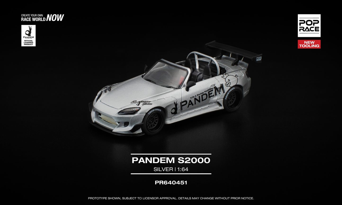 POP Race 1:64 Pandem S2000 Silver with opening front hood showing detailed engine, wide-body Pandem styling. Front