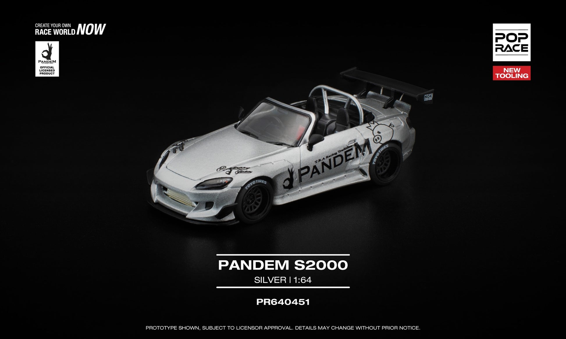 POP Race 1:64 Pandem S2000 Silver with opening front hood showing detailed engine, wide-body Pandem styling. Front