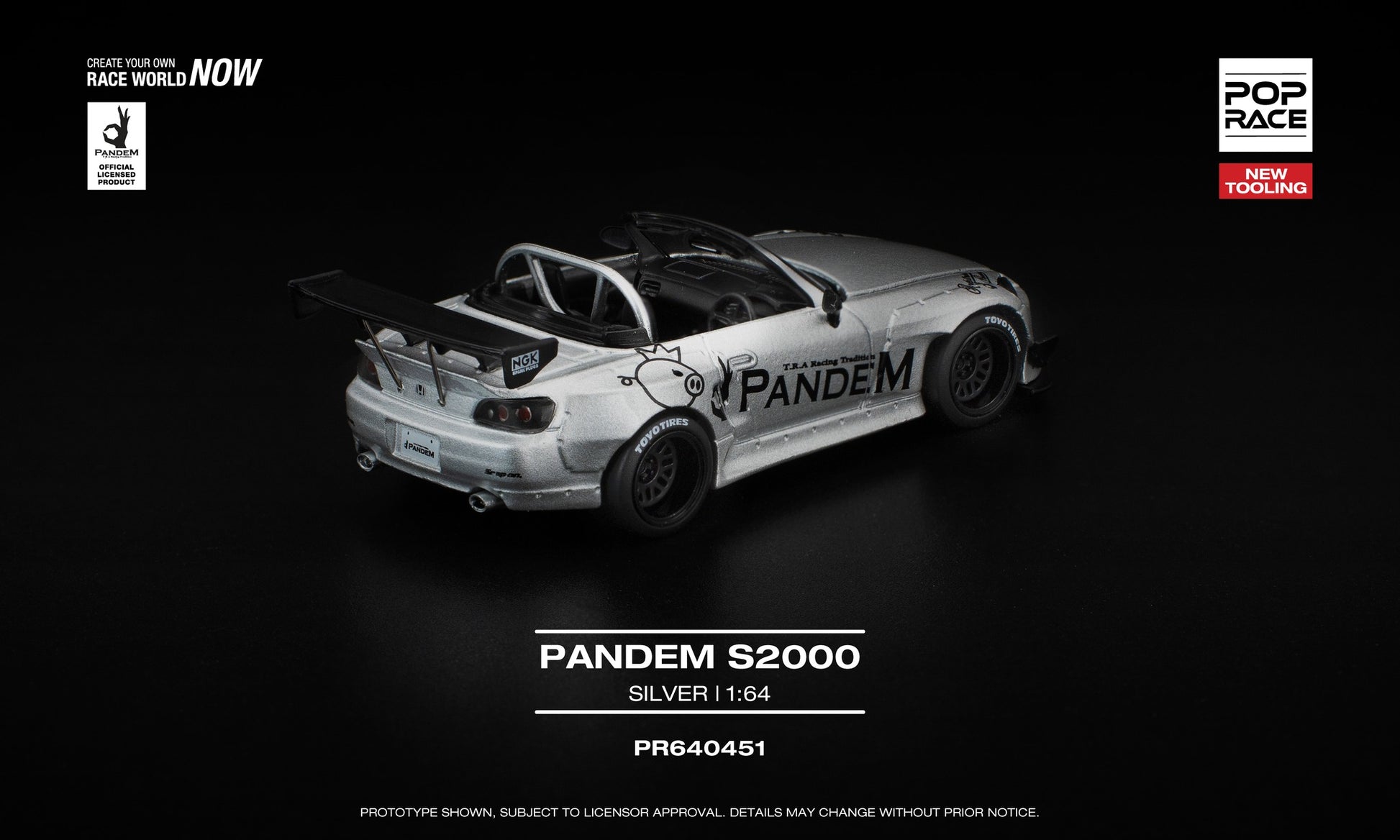 POP Race 1:64 Pandem S2000 Silver with opening front hood showing detailed engine, wide-body Pandem styling. Back