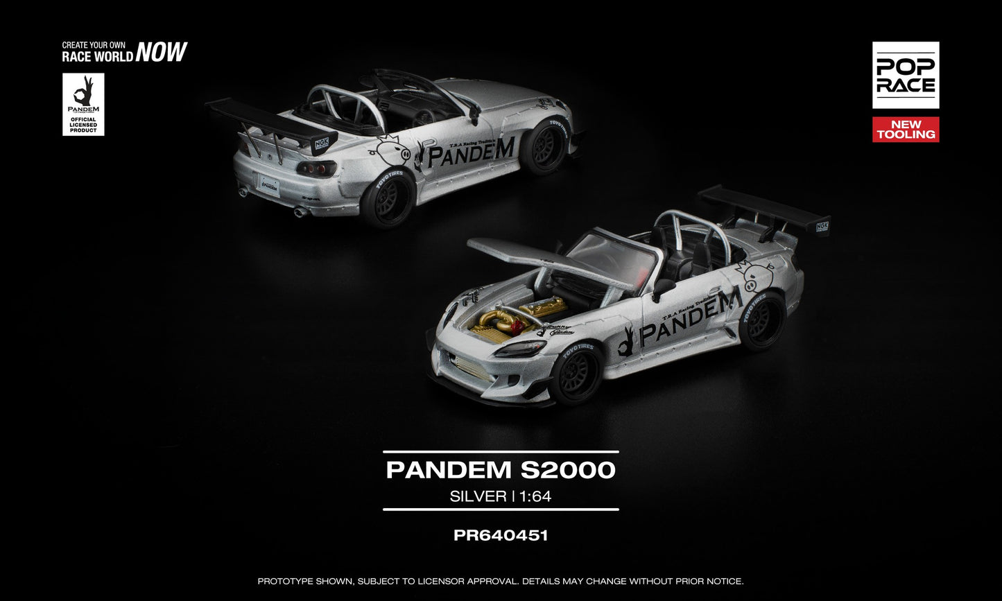 POP Race 1:64 Pandem S2000 Silver with opening front hood showing detailed engine, wide-body Pandem styling.