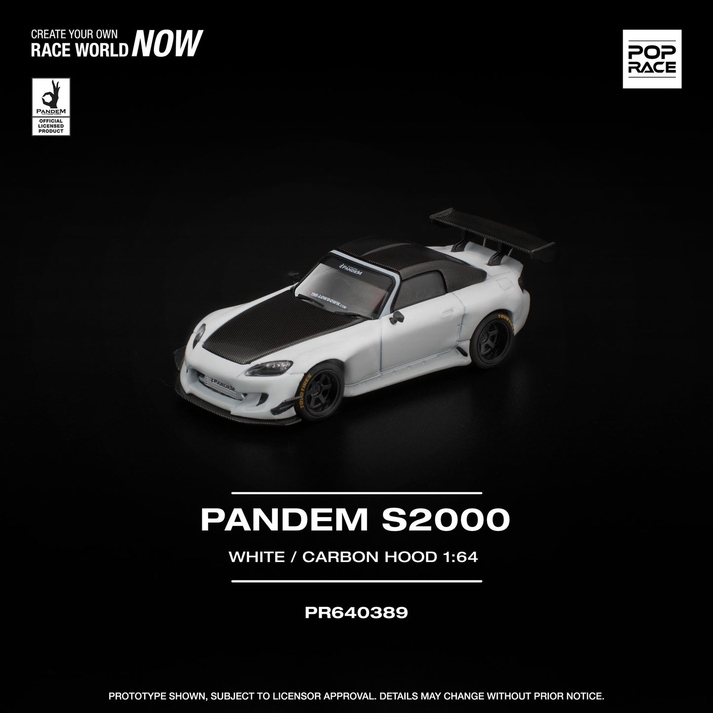 1:64 POP Race Pandem S2000 in white with carbon-style hood, widebody kit, and detailed wheels in display case. Front
