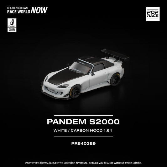 1:64 POP Race Pandem S2000 in white with carbon-style hood, widebody kit, and detailed wheels in display case. Front