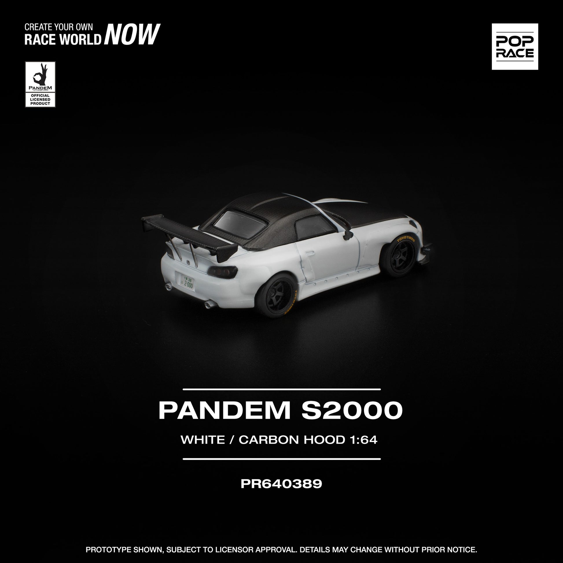 1:64 POP Race Pandem S2000 in white with carbon-style hood, widebody kit, and detailed wheels in display case. Back