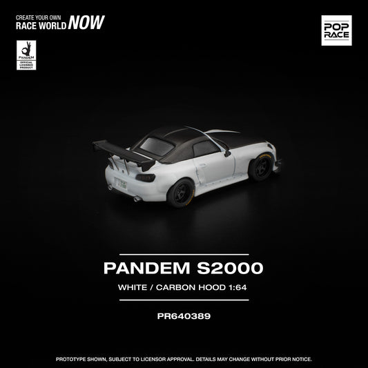 1:64 POP Race Pandem S2000 in white with carbon-style hood, widebody kit, and detailed wheels in display case. Back