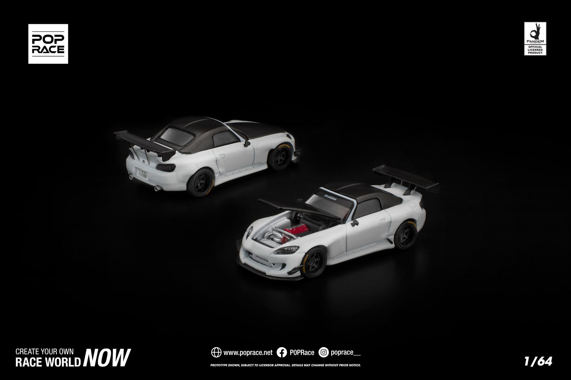1:64 POP Race Pandem S2000 in white with carbon-style hood, widebody kit, and detailed wheels in display case.