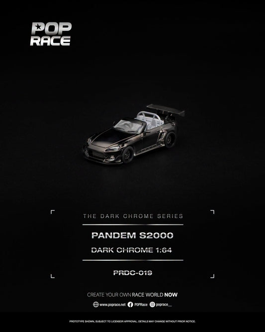 POP Race PANDEM Honda S2000 Dark Chrome Series with open top, opening hood and detailed engine in 1:64 scale.