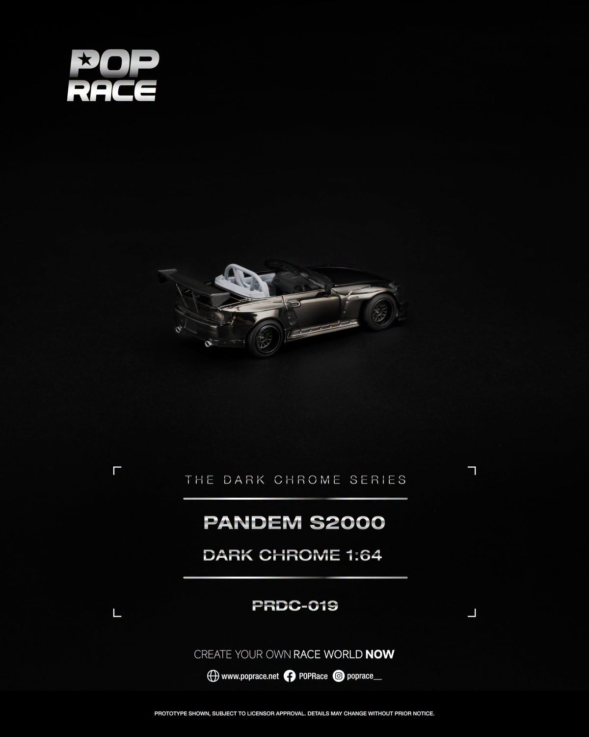 POP Race PANDEM Honda S2000 Dark Chrome Series with open top, opening hood and detailed engine in 1:64 scale.