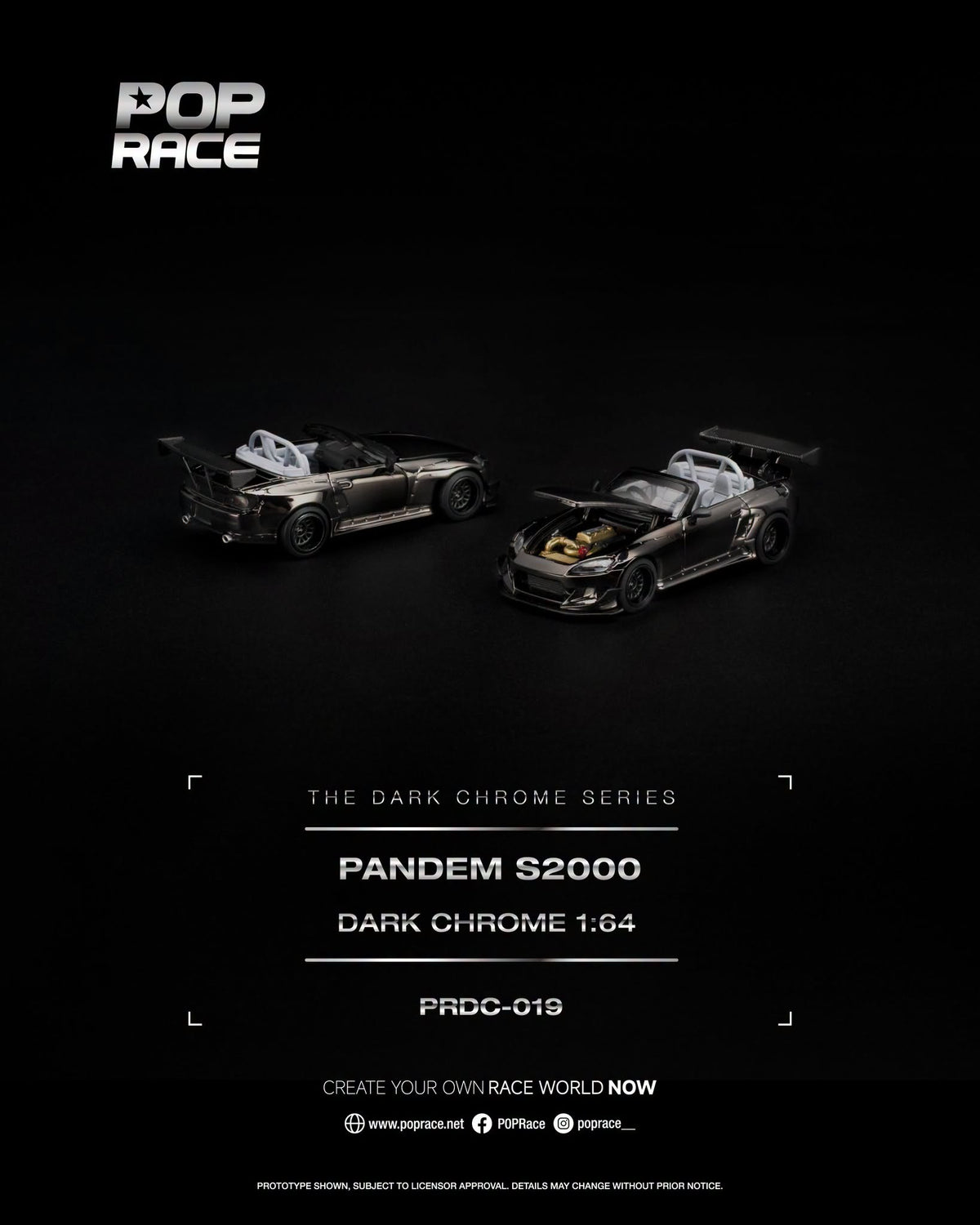 POP Race PANDEM Honda S2000 Dark Chrome Series with open top, opening hood and detailed engine in 1:64 scale.