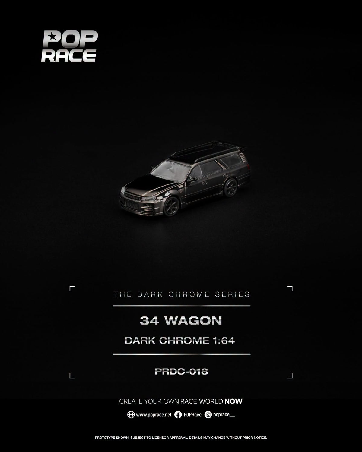 POP Race Nissan Skyline R34 Wagon Dark Chrome Series with opening hood and detailed engine in 1:64 scale.