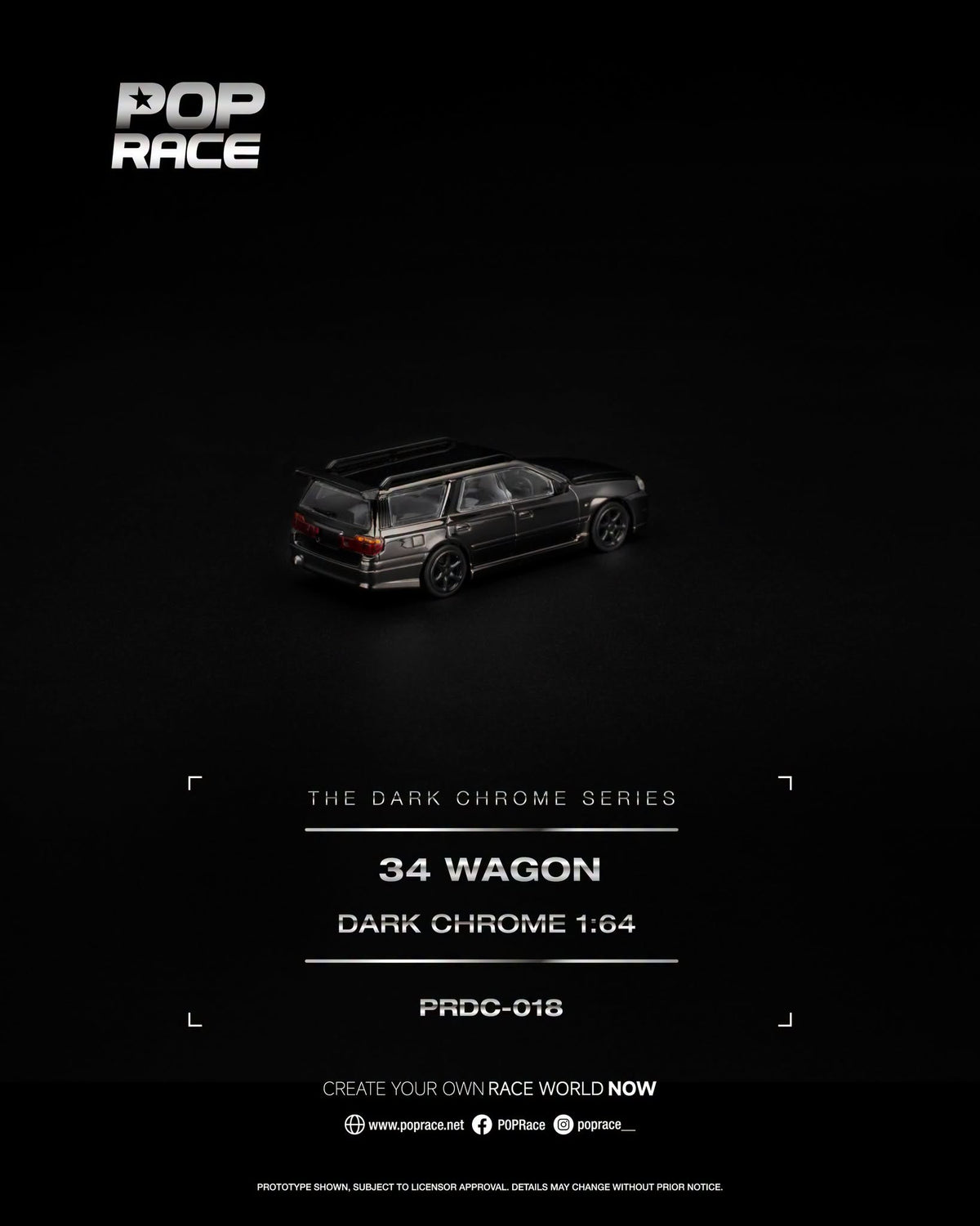 POP Race Nissan Skyline R34 Wagon Dark Chrome Series with opening hood and detailed engine in 1:64 scale.
