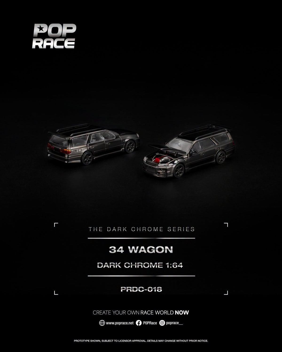 POP Race Nissan Skyline R34 Wagon Dark Chrome Series with opening hood and detailed engine in 1:64 scale.